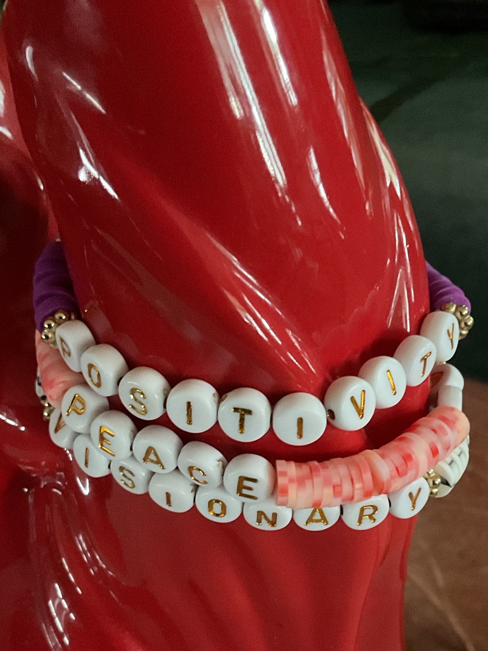 Positive Message Beaded Bracelet Set  of 3 Purple, Coral & Mint Accents - Picture 2 of 2